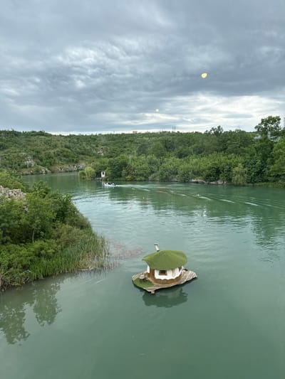 A vertically-oriented photograph captures a scene from Lukovit, Bulgaria, showcasing a river landscape under a cloudy sky. The river, a prominent feature, is flanked by dense greenery on both sides, suggesting a natural setting. A small, whimsical house structure sits on a floating platform in the water. A group of people in a small watercraft are visible on the river. Utility poles can be seen behind the trees.