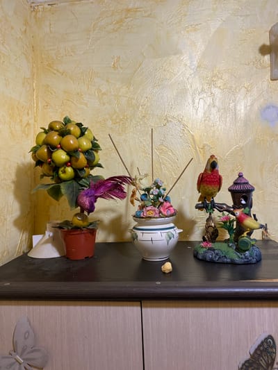 The image depicts a shelf in what appears to be a residential setting, likely a home in Maykop, Russia. The wall behind the shelf has a textured, yellow-gold finish.
On the shelf, there are several decorative items. On the left is a potted artificial tree adorned with green leaves and yellow fruits, with a small purple bird figurine attached to its trunk. Next to it is a white ceramic vase filled with artificial flowers and several incense sticks. To the right, there is a decorative piece featuring a birdhouse with two colorful bird figurines. One bird is perched on the birdhouse roof, and another is on a branch in front of it. A small, light-colored crumb or pellet is also visible on the shelf.
The shelf itself is dark brown and appears to be the top of a piece of furniture, possibly a cabinet or dresser, which has light-colored doors with butterfly decals on them. The lighting in the scene is relatively soft, casting some shadows. The overall impression is of a decorated shelf within a domestic environment.
