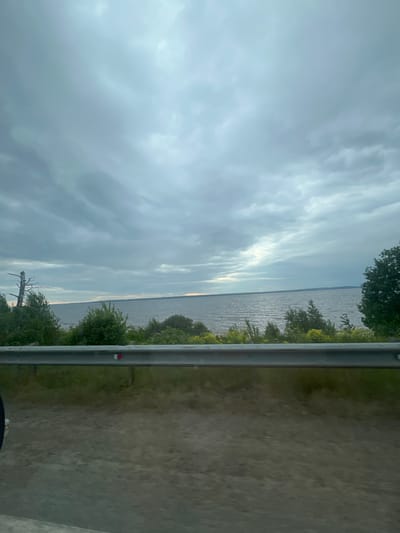 The image shows a cloudy sky over a body of water, likely a lake or sea, with a line of trees and vegetation along the shore. A metal guardrail is visible in the foreground, suggesting the vantage point is from a road or elevated path. The overall atmosphere is overcast and somber. The location of Kryukovo, Russia, is not depicted in the image.