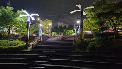 The image captures a park scene at night in Ulsan, South Korea. At the center, a wide staircase ascends, flanked by wooden railings on either side. The base of the staircase is constructed with dark stone. Along the staircase's sides, light posts illuminate the path. To the left and right, trees and greenery line the landscape, suggesting a well-maintained park. The sky is dark, indicating nighttime, with a few overhead wires visible. The overall impression is one of a serene urban green space in the evening.