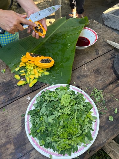 This image captures a food preparation scene outdoors, presumably in Carmen, Philippines. In the upper left quadrant, a person's hands are visible, with light brown skin. The left hand holds a half-cut papaya, while the right hand wields a large, worn kitchen knife, which is being used to scrape black seeds from the papaya's orange flesh. A silver ring is visible on the left ring finger. The person wears a blue and yellow checkered garment, possibly an apron or skirt, and a portion of a green top is visible on the left arm.

The food preparation takes place on a rustic, dark brown wooden table exhibiting visible grain, wear, and moisture stains. A large, vibrant green banana leaf is spread across the left side of the table, acting as a surface. On this leaf, two halves of a bright orange papaya with numerous black seeds are present. To their left, a pile of yellowish-green papaya peels rests on the banana leaf.

To the right of the banana leaf, a white ceramic bowl with a red rim contains a dark red, viscous liquid. In the lower right foreground, a round white ceramic plate with a pink and black decorative rim is filled with numerous small, oval, bright green leaves, consistent with moringa leaves. Several thin green stems and a few scattered leaves are on the wooden table surrounding this plate.

In the background, on the right, a dark, circular wooden cutting board is partially visible at the edge of the table. Further back, a person's feet in blue sandals are visible, along with a concrete structure, possibly a wash basin. The scene is illuminated by natural light, casting some soft shadows.