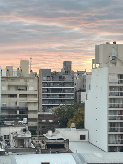 The image, viewed upright, presents an urban landscape bathed in the soft glow of either sunrise or sunset. The sky, occupying the upper portion, is filled with streaky, elongated clouds displaying warm hues of pink and orange, transitioning into lighter blues and greys.
The lower two-thirds of the frame are dominated by a dense array of multi-story buildings, typical of a city environment. These structures exhibit a variety of architectural styles, including older, utilitarian designs with numerous windows and balconies, alongside more modern edifices with distinct facades. Several buildings feature visible external staircases, window grids, and external air conditioning units. Patches of green foliage and trees are visible between and behind some of the buildings, indicating urban greenery. No discernible human activity is captured within the frame, portraying a tranquil moment in the city. The soft, directional light suggests early morning or late evening. The setting is an urban area, specifically Cordoba, Argentina, as indicated by the context. There is no visible text.