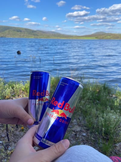 A pair of hands is featured prominently in the foreground, holding two cans of Red Bull energy drink. The cans are blue and silver, displaying the distinctive Red Bull logo and branding. The hands, possibly of a person wearing light-colored clothing (partially visible on the right), are positioned in the lower right portion of the frame.

The background reveals a serene outdoor setting, likely in Baevtsi, Bulgaria. A large body of water, possibly a lake or a wide river, stretches across the middle and left side of the image, exhibiting gentle ripples on its surface under bright daylight. Across the water, a distant landmass characterized by green, rolling hills or mountains forms the horizon line. Above the hills, the sky is clear blue with scattered white, fluffy clouds, suggesting fair weather. Patches of green vegetation and some dry earth are visible on the ground directly behind the hands.

The visible text on the cans, in Greek, includes "Πίνεται παγωμένο. Ανθρακούχο," which translates to "Drink chilled. Carbonated." Other phrases partially visible are "Red Bull," "ENERGY DRINK," and "Μεταυρίνη. Αναζωογονεί σ'" (Taurine. Revitalizes...). The bright conditions indicate it's daytime, likely morning or afternoon. The overall scene suggests a moment of refreshment and relaxation in a natural, scenic environment.