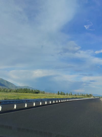 This media file depicts a scenic view of a highway in Temir, Kyrgyzstan. The foreground is dominated by the asphalt road, curving gently to the right and away from the viewer. A metal guardrail with white posts runs along the left side of the highway, separating it from a vibrant green field dotted with yellow wildflowers.
In the mid-ground, a line of tall, slender trees stands against a backdrop of rolling green mountains. These mountains extend into the distance, their peaks softened by the atmospheric haze. The sky above is a brilliant blue, streaked with fluffy white clouds that suggest fair weather. The sunlight casting shadows on the guardrail and road indicates it is likely daytime, possibly late afternoon given the soft light.
The scene is peaceful and tranquil, evoking a sense of open space and natural beauty. The absence of people or vehicles suggests a quiet moment on this stretch of road. The landscape points towards a rural or semi-rural setting in Kyrgyzstan, characterized by its vast open fields and mountainous terrain. There is no visible text in the image.