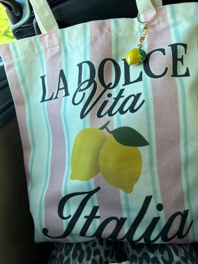 The image shows a tote bag with the words "La Dolce Vita Italia" printed on it, along with two yellow lemons and horizontal pink and blue stripes. A keychain with the word "Roma" and a yellow lemon charm is attached to the bag's strap. The image's surroundings appear to be indoors, possibly in a car or similar enclosed space, due to the presence of a car seat and other objects. Without additional context or information, determining the exact location in the city of Siena, Italy is impossible.