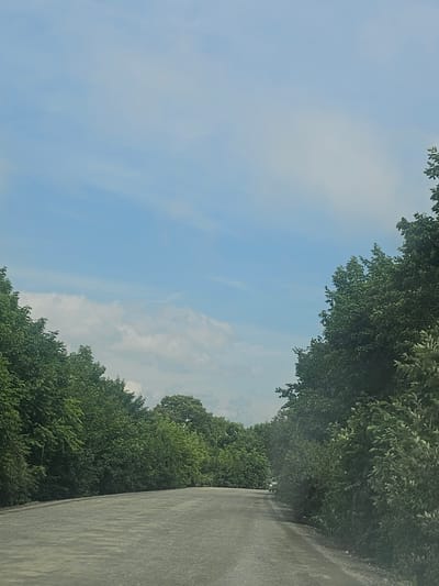 The image depicts a paved road curving to the left, flanked by dense green trees on both sides. The sky above is a pale blue with scattered white clouds. The road surface appears to be rough or gravelly. In the distance, on the right side of the road, a white vehicle is partially visible. The scene suggests a rural or park-like setting. The location is identified as Fokino, Russia.