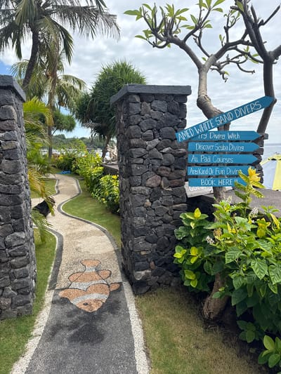 The image shows a directional signpost made of blue wooden planks attached to a tree. The signpost reads "AMED WHITE SAND DIVERS," and below it are other planks with text such as "Try Diving With," "Discover Scuba Diving," "All Padi Courses," "Any Kind Of Fun Divin," and "BOOK HERE." The signpost is positioned in an outdoor setting with lush greenery, palm trees, and a stone wall. A paved pathway with a mosaic of a clownfish is visible in the foreground. The sky is overcast, suggesting a cloudy day. The scene appears to be a tourist destination, likely a dive center or resort, in a tropical location. The overall impression is one of a welcoming and informative signpost guiding visitors to diving activities.