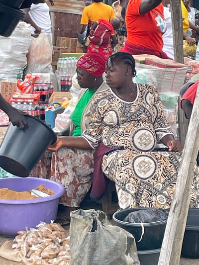 This is a full-frame, medium-shot photograph taken in Wang, Nigeria, depicting a bustling market scene. In the foreground, a woman wearing a colorful, patterned dress and a headscarf is seated next to a purple basin filled with a reddish-brown powder. To her left, a black bucket is being tilted by an unseen person, with some contents appearing to spill into the basin. Behind the seated woman, another woman in a green shirt and a patterned headscarf is also visible. The background is filled with various market stalls, including stacks of goods such as bottled drinks and packaged food items. Several other individuals are present, some partially obscured by the foreground subjects and market structures. The overall atmosphere suggests a lively commercial environment.