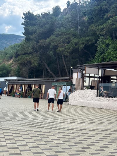 Three men walk away from the camera on a tiled promenade in Partenit, Ukraine. The man on the left wears a green t-shirt and black shorts. The man in the middle wears a white t-shirt and black shorts. The man on the right wears a white t-shirt and black shorts. Behind the men are a row of establishments with awnings. A large green pine forest and a rocky hill are visible in the background. The sky is cloudy.