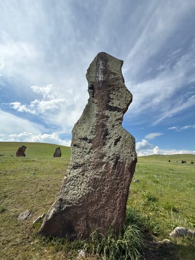 This is a photograph taken in the natural landscape of Safronov, Russia. The image features a large, weathered stone in the foreground, partially covered in moss and lichen. The stone is intricately carved with patterns, suggesting it is an ancient artifact. Behind the stone, a rolling green meadow stretches into the distance, dotted with a few smaller, dark stones. The sky above is a vibrant blue, with streaks of white clouds that add depth and texture to the scene. The overall impression is one of natural beauty and historical significance. The lighting suggests it is daytime, with the sun casting shadows on the ground, and the clear sky indicates fair weather.