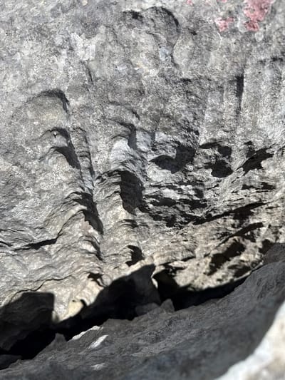 The image shows a close-up, textured view of a grey, weathered rock formation in Žlijebi, Montenegro. The rock surface is uneven, with deep crevices and rough textures. Sunlight casts sharp shadows, highlighting the contours and creating a sense of depth and ruggedness. There are no people or animals visible in the image. The rock's surface exhibits a natural, geological formation, with no signs of artificial alteration or human interaction. The color palette is dominated by shades of grey and white, with hints of pinkish-red staining in some areas, likely due to mineral deposits. The overall impression is one of a natural, untouched landscape feature within the village of Žlijebi.