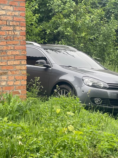 A grey station wagon is parked next to a brick wall, partially obscured by overgrown green grass and foliage. The car's headlights and front bumper are visible, as are its tinted windows and roof rack. The brick wall is to the left of the frame, showing signs of wear and tear. The background consists of dense green trees and bushes. The scene appears to be in a residential area or a less maintained urban space in Novyi Tahamlyk, Ukraine. There are no people or animals present in the image. The lighting suggests it is daytime, with an overcast or diffused light source.