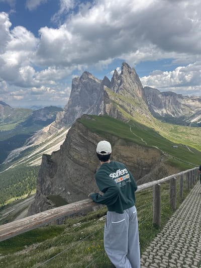 The image shows a person wearing a dark green sweatshirt and grey sweatpants, with a white baseball cap. The person is leaning against a wooden railing that runs along a paved walkway. The walkway is bordered by a grassy slope with yellow wildflowers. Beyond the railing, there is a steep drop-off with a dramatic mountain landscape. The mountains are jagged and rocky, with green slopes and patches of snow. The sky is partly cloudy with some areas of bright blue. The scene appears to be a scenic overlook in a mountainous region. There is text visible on the sweatshirt which appears to say "soothers" in white lettering, along with other smaller text in various colors. The time of day appears to be daytime, and the weather seems pleasant with a mix of sun and clouds. The person's posture suggests they are admiring the view.