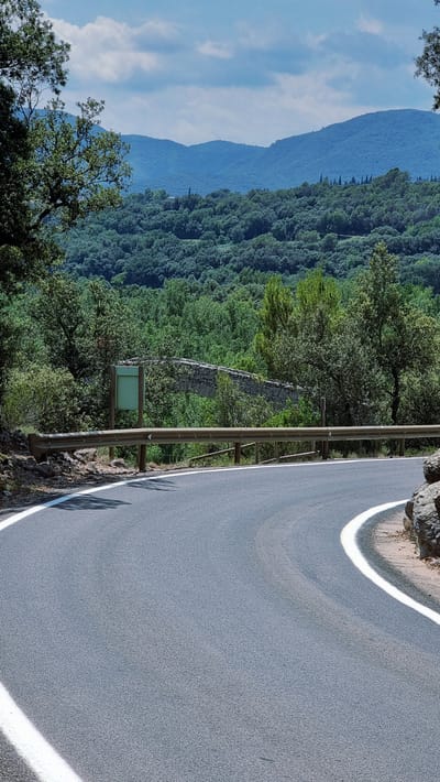 The image depicts a winding asphalt road in a mountainous, forested region under a partly cloudy sky. A white line marks the edge of the road. A metal guardrail runs along the roadside, with a small rocky embankment to the right. In the background, a dense forest covers rolling hills, with layered mountain ranges visible in the distance. A green sign is present on the left side of the road, next to a section of old stone wall. The scene is located in the municipality of Tortellà, Spain. No people or actions are visible.
