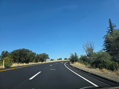 The image captures a clear, sunny day on a two-lane highway in West Sacramento, California. The road is asphalt, freshly paved, with distinct white lane markings and a yellow line delineating the edge of the road. On the left side, there is a grassy verge with scattered yellow wildflowers and trees. On the right side, the terrain slopes upwards, covered with dry grass and various trees and bushes. A street light is visible in the distance on the right. The sky is a vibrant, cloudless blue. The perspective suggests the photo was taken from inside a vehicle, looking forward along the road as it curves to the right.