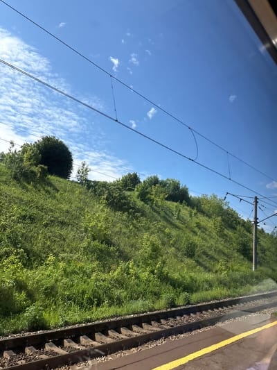 The image presents a daytime view from the window of a train, looking out onto an adjacent railway track and a green, grassy embankment under a clear blue sky. The upper half of the frame is dominated by a bright blue sky, partially covered by scattered, elongated white clouds, particularly denser on the left side. Several dark, taut overhead electrical lines, typical of electrified rail systems, traverse the sky horizontally, supported by various rigging and insulators.

Below the sky, a steep, verdant hill or embankment rises, covered extensively with lush green grass, various shrubs, and scattered trees of differing sizes and foliage density. Sunlight illuminates the scene from the right, casting visible shadows from the vegetation onto the hillside.

In the lower portion of the frame, two parallel railway tracks with dark rails and light-colored concrete sleepers (ties) are visible, embedded in a bed of dark gravel ballast. To the immediate right of the tracks, a dark, flat surface, likely a station platform or service area, extends with a prominent, bright yellow line painted lengthwise upon it. A grey utility pole, supporting additional electrical infrastructure and wiring, stands vertically on the far right side of the image, emerging from behind the platform level and reaching into the sky area. No people or animals are present. The specific location in the city of Vyatskiye Polyany, Russia, cannot be confirmed from the visual information provided.