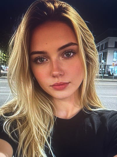 A close-up, head-and-shoulders portrait shows a young woman with long, blonde hair, parted down the middle, framing her face. Her eyes are a striking gray-green, and she has full lips. She is wearing a black, ribbed top. The background is blurred, suggesting an outdoor urban setting at night. Buildings and streetlights are visible, indicating it could be a street in a city like Shcherbanka, Ukraine. The lighting suggests artificial light sources are dominant, casting a warm glow on her skin.