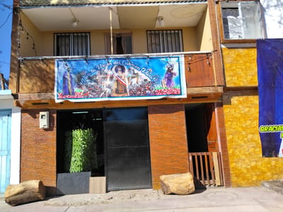 This is a medium shot of a two-story building, likely a business or residence, with a bright blue banner hanging from the second-floor balcony. The building's facade is a mix of textures and colors, with the upper story painted a pale yellow and featuring barred windows. The lower story is clad in rough, reddish-brown brick, with a large black metal door or gate in the center. To the right of the door, a wooden gate blocks access to another entrance.
The banner, which dominates the upper portion of the image, displays a religious scene. It features figures that appear to be saints or religious leaders, surrounded by a crowd of people. The text "Viva la Virgen del Carmen Viva!" is prominently displayed across the banner in a stylized font. Several string lights are draped across the balcony railing, illuminating the banner from above.
The setting appears to be outdoors during the daytime, with clear blue skies and bright sunlight casting shadows. To the left of the building's entrance, a large, rough-hewn wooden log rests on the sidewalk, and to the right, another wooden log of a similar style is positioned near the wall. A dark gray planter with lush green foliage is visible behind the black metal door. On the right side of the building, a large blue banner with yellow text is partially visible, with the word "GRACIAS" legible. The overall scene suggests a celebration or religious event is being honored.