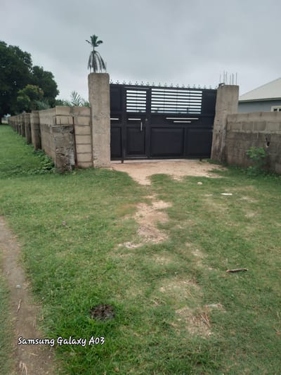 In Doka-Tofa, Nigeria, a black metal gate with horizontal slats stands between two concrete pillars. A wall made of concrete blocks extends to the left of the gate, forming a perimeter. To the right of the gate, a light grey building with a white roof is visible, partially obscured by the gate and wall. The area in front of the gate is a patch of dry earth, transitioning into a grassy yard. The sky is overcast with a light grey cloud cover. A palm tree is visible on top of the left concrete pillar. The bottom of the image displays a watermark reading "Samsung Galaxy A03".