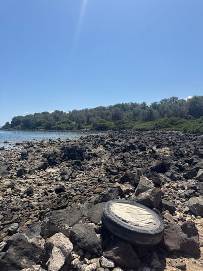 A tire is resting on a rocky shore in Lichada, Greece, under a clear blue sky. The rocky shore is composed of various sizes of dark volcanic rocks. In the distance, a dense line of green trees forms a natural barrier along the coast, with a calm, blue body of water separating the shore from the trees. The sun is shining brightly, casting shadows on the rocks. There are no people visible in the image.