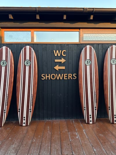 Four surfboards with a wooden finish and white stripes are mounted vertically on a black wooden wall. The surfboards are labeled "HERITAGE 7" and feature a circular logo with a wave design. Above the surfboards, wooden letters spell out "WC" and "SHOWERS", with an arrow pointing upwards between them, indicating directions to the facilities.
The black wooden wall is adjacent to a rustic brown wooden wall. To the left of the black wall are windows with wooden frames, suggesting an outdoor or semi-outdoor setting. The surfboards are arranged in a stacked pattern, with the top and bottom ones partially visible.
The image is taken from a slightly low angle, and the lighting suggests it could be daytime with natural light. The overall scene evokes a beach or surf-related establishment, possibly a surf shop or a facility near a beach. No people are visible in the image. The location context provided is Pallini Municipal Unit, Greece, which aligns with a coastal setting.