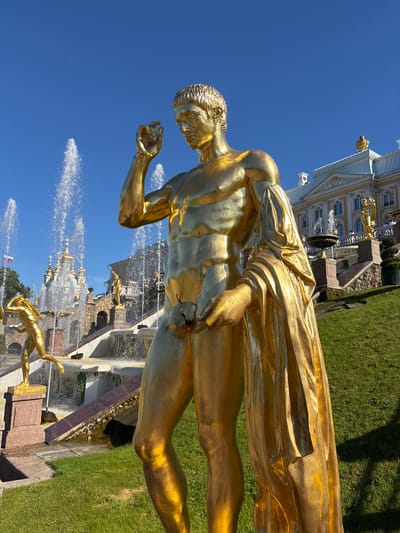This image captures a view of the Peterhof Grand Cascade in Peterhof, Russia, on a clear, sunny day. In the foreground, a large, golden statue of a male figure stands prominently, depicted with muscular definition and draped in a flowing cloth. The statue faces slightly to the right, with its right hand raised towards its face. Behind the foreground statue, a series of tiered fountains cascade down a slope, with water shooting upwards in plumes. Several other golden statues are visible on the terraces and around the fountains, adding to the grandeur of the scene. Further in the background, a light-colored, ornate building with gilded accents, likely part of the Peterhof Palace complex, is visible against a bright blue sky. The area is landscaped with green grass and trees. A Russian flag is visible in the distance, fluttering on a flagpole. The overall impression is one of opulence and a well-maintained outdoor environment.