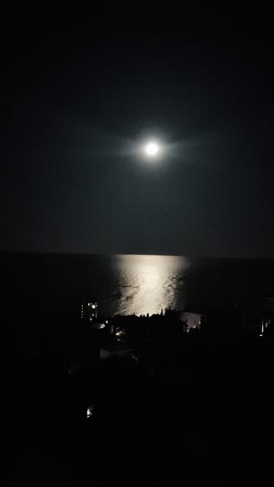 This is a vertical, low-light photograph taken at night, depicting a moonlit seascape. The horizon separates the dark sky from the dark sea, with the full moon positioned in the upper center of the frame. The moon casts a bright, shimmering reflection on the water, creating a luminous path stretching towards the foreground.
Along the coastline, silhouetted against the water and the moonlight, are the faint outlines of buildings and trees. Some of these buildings appear to have illuminated windows, suggesting human habitation. The overall scene is peaceful and serene, with the cool tones of the moonlight dominating the image. The location appears to be a coastal area, possibly a town or village, situated by the sea. The time of day is clearly night, and the weather is calm, as evidenced by the smooth reflection on the water. The image evokes a sense of quiet beauty and nighttime tranquility. There is no visible text in the image.