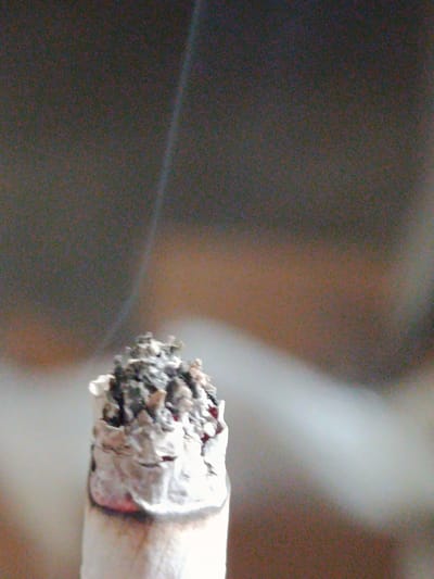 A close-up shot captures the burning end of a cigarette, with ash accumulating on its tip. Wisps of smoke rise from the ember, catching the light and creating a soft glow against a blurred, warm-toned background. The cigarette itself appears to be partially smoked, with its white paper filter showing some discoloration from the heat. The image focuses on the fine details of the ash and smoke, suggesting a moment captured in time. There is no indication of any location within Sokuluk, Kyrgyzstan, or any other geographical information.