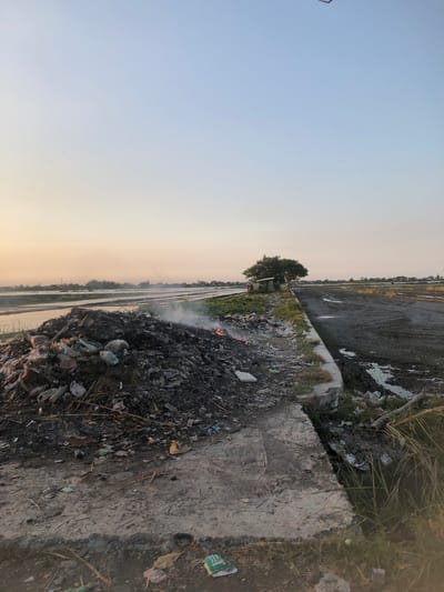 The image depicts an outdoor scene, possibly in a rural or semi-rural area near Sentul, Indonesia. In the foreground, a large pile of garbage, including plastic waste and debris, is visible. Smoke and flames indicate that some of this waste is actively burning. A concrete path or embankment runs alongside the garbage pile, leading towards the background. To the right of the path, a field, possibly a rice paddy, appears to be dry and muddy, with some patches of standing water. In the middle ground, a cluster of trees stands next to a small, simple structure, perhaps a shed or shack. The sky is clear and shows the soft hues of either sunrise or sunset. The overall environment suggests an area where waste management may be an issue, with evidence of burning and accumulated refuse. There are no people visible in the image.