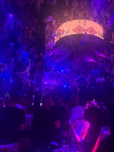 The image depicts an interior scene of a dimly lit establishment, heavily adorned with hanging artificial foliage and floral arrangements in shades of purple and blue. A large, circular light fixture with a patterned, woven surface hangs centrally, illuminated from within. Small, bright blue lights are visible amongst the foliage, suggesting a nightlife or entertainment venue. In the foreground, several individuals are visible, mostly in silhouette or partially obscured by the low light conditions. On the left, a person in a black t-shirt is standing, and to their right, another person is partially visible. A woman in the foreground on the right is looking to the left, her face illuminated by the purple and pink lighting, and she appears to be holding a drink. The overall ambiance is one of a vibrant, atmospheric social gathering, possibly a nightclub or bar. The prompt specifies the location as Lozenets, Bulgaria, implying this scene is within that city.