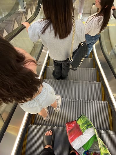 This high-angle, top-down view captures several individuals riding an escalator, likely inside a shopping mall or large public building in Bari, Italy. The metallic, ribbed steps of the escalator are visible, bordered by shiny panels and dark handrails with illuminated strips.
In the foreground, the long, dark, wavy hair of one person takes up a significant portion of the frame. To their right, a person wearing a light grey, possibly sparkling, long-sleeved top and black trousers holds onto the escalator handrail. A black quilted handbag with a gold chain strap is slung over their shoulder. Further up the escalator, a person with long dark hair, clad in a white long-sleeved top and blue jeans, is also descending.
To the right, a person is wearing light blue denim shorts or a skirt and white sneakers. Adjacent to them, a pair of feet are visible: one in a black slide sandal with dark nail polish, and another in a white sneaker. A colorful shopping bag, adorned with images of green vegetables and red produce, containing other items, rests on an escalator step. Visible text on the bag includes "Lijera" and "FRUTTI". The scene depicts people engaged in typical daily activities, such as shopping or commuting between floors in a commercial setting.
