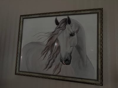 A framed painting of a white horse is hanging on a striped wallpapered wall. The horse is depicted in profile, facing left, with its mane flowing. The painting is in grayscale with subtle hints of brown in the horse's mane. The frame is ornate, with a light-colored outer edge and a darker, patterned inner trim. The lighting suggests an indoor environment. The location is Shepetivka, Ukraine.