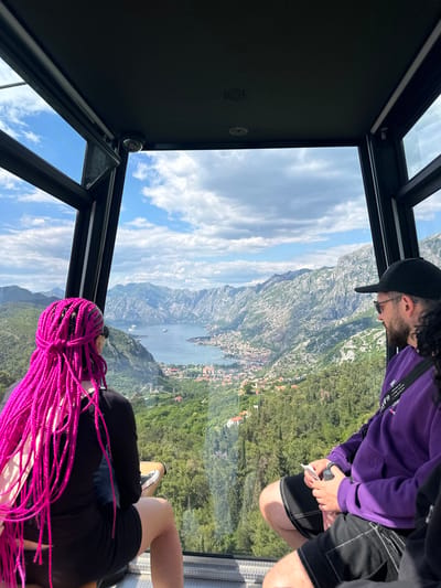 The image captures a view from a glass-enclosed structure, possibly a cable car, overlooking the Bay of Kotor in Montenegro.

Two individuals are visible: One is wearing a purple sweatshirt and a black baseball cap, looking towards the view outside. Another person with bright pink braided hair is facing the view, sitting down.

The background displays the landscape, including a town with red-roofed buildings, water with a boat on it, mountains, and a partly cloudy sky. The town is most likely Mirac, Montenegro, given the context of the location. The surrounding environment includes lush greenery covering the mountains.