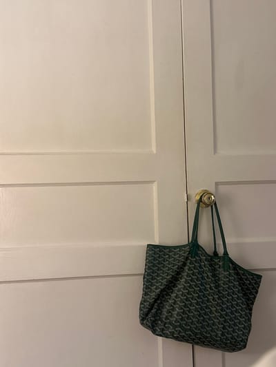 An indoor scene depicts a dark green Goyard St. Louis tote bag hanging from a brass-colored, spherical doorknob. The doorknob is centered vertically on a white, two-panel interior door, which fills most of the frame. The bag features a repeating geometric "Y" pattern in lighter green and is suspended by its dark green leather handles. No individuals or actions are present. The environment appears to be an interior room, likely residential or commercial. The specific location within New Orleans, United States, cannot be determined from the visual information.
