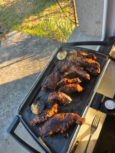 A group of grilled ribs and onion slices are arranged on a black electric grill. The grill is situated outdoors on a concrete surface, bathed in the warm, golden light of the setting sun. In the background, a wire fence separates the grilling area from a grassy, sun-drenched expanse. The overall scene is one of casual outdoor cooking, likely in a residential area of Suvorovo, Bulgaria, given the natural light and common outdoor grilling setup.