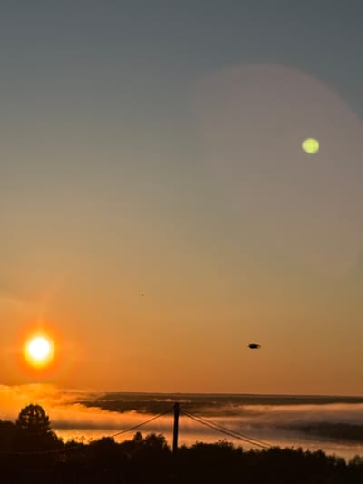 This image depicts a sunrise or sunset over a landscape in Зеленец, Russia. The sky exhibits a gradient, transitioning from dark blue-grey in the upper portion to vibrant orange and yellow near the horizon. The sun, a bright white-yellow orb, is prominently positioned in the lower-left quadrant, emitting strong light and some lens flare. In the upper-right quadrant, a distinct, out-of-focus, yellow-green circular light artifact, consistent with lens flare, is visible, surrounded by a larger, fainter reddish-pink halo.
The mid-ground features a dense layer of white and orange-hued fog or mist, obscuring the terrain below and creating a soft, undulating surface across the horizon. A distant, level horizon line is visible above the fog.
In the foreground, dark silhouettes of trees and vegetation are present. A utility pole with two visible power lines extends from the lower-center to the mid-right. A small, dark, disc-shaped object, likely an insect or bird, is silhouetted against the sky in the mid-right, below the lens flare. A tiny, indistinct dark speck is also visible in the mid-left sky.