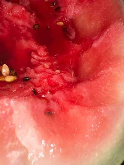 This is a close-up, macro photograph of the flesh and seeds of a watermelon. The image focuses on the red, juicy pulp, with several black watermelon seeds visible, some partially embedded in the flesh. There are also lighter, stringy fibers and translucent white seed fragments. The background shows the transition to the pale green rind of the watermelon. The lighting creates bright highlights on the wet surfaces. The image does not depict any elements related to the city of Тайгараев, Kyrgyzstan.