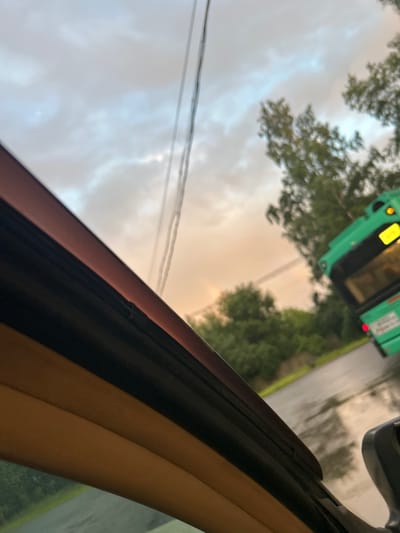 The image is a slightly blurry, low-angle shot taken from inside a vehicle, looking up and out. The perspective suggests the vehicle is moving or parked alongside a road.

The dominant subjects are the sky, trees, and a portion of the vehicle's interior. The sky occupies a significant portion of the frame and appears overcast with a warm, yellowish glow from what could be the setting sun or ambient light filtering through the clouds. Wispy clouds are visible.

In the upper portion of the image, the tops of green trees are visible, their leaves somewhat indistinct due to the angle and focus. There's also a glimpse of a bright green vehicle, possibly a bus or a large truck, with its top portion visible. It appears to have a yellow sign or display on its side and a red taillight. The presence of utility wires stretching across the frame suggests an outdoor, possibly suburban or rural, setting.

The foreground is dominated by the interior of the vehicle, specifically the dark rubber trim of a window frame and a section of a tan-colored dashboard or door panel.

The overall impression is of a cloudy day, possibly late afternoon or early evening, viewed from a car. The location context of Tyarlevo, Russia, is provided, but there are no specific visual cues within the image itself to confirm this location. No discernible text is visible in the image. The mood is neutral, with no strong emotional indicators.