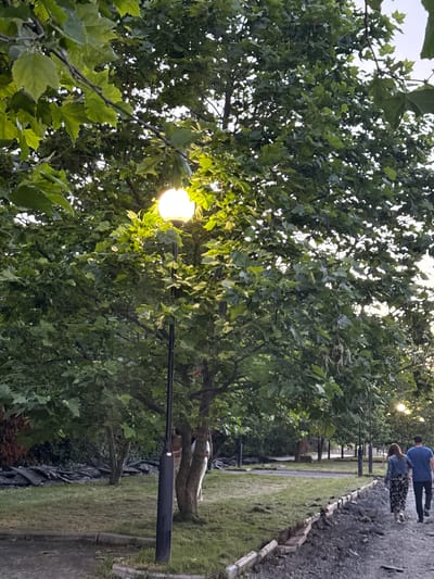 The image depicts a dimly lit park scene with mature trees and a lamppost illuminated by an artificial light source. In the background, two individuals, a male and a female, are walking away from the camera on a paved path. The path appears to be adjacent to a grassy area with some construction debris. The environment suggests an outdoor setting in a park or public space. The location is identified as Otf Kaktugay, Russia, although this is not visually confirmed within the image itself.