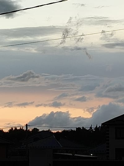 The image shows a dusk sky with scattered clouds. The lower portion of the sky is illuminated with a peachy orange hue, transitioning to a cooler gray and blue higher up. Dark silhouettes of trees and rooftops are visible against the sky. A power line runs horizontally across the middle of the frame. The architecture suggests a suburban or rural residential area, possibly in a town like Sensovo, Russia, given the architectural style and the presence of dense tree cover. No people or specific actions are depicted.