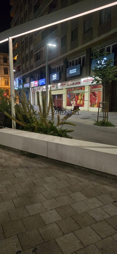 The image shows a street-level view of a building with several storefronts at night. The building appears to be a multi-story structure. In the foreground, there is a grey concrete planter with vegetation, including tall, spiky plants and a single purple flower. To the left of the planter, a dark bench is partially visible.
The storefronts are illuminated, with signs indicating businesses. One prominent sign reads "ALTOARAGÓN SUPERMERCADOS" with "Lo nuestro" underneath. Another sign above it also says "ALTOARAGÓN". Further to the left, there are signs for "SOLUCIONES TECNOLÓGICAS" and another business with a "WD" logo. Outside the "ALTOARAGÓN" supermarket, there are tables and chairs arranged, some appearing to be made of dark wood. The windows of the supermarket display images of fruits and vegetables, as well as meat products.
The street in front of the buildings is paved with grey rectangular bricks. A streetlamp is visible in the middle ground, casting light on the scene. The overall impression is of a commercial street in a town or city. Based on the "ALTOARAGÓN" signage, the location is likely within the Alto Aragón region of Spain. Given the specificity of the request for the city of Huesca, Spain, this scene is very likely situated there, as Alto Aragón is a geographical and cultural region that includes Huesca.