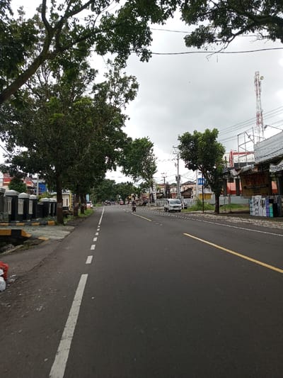 The image displays a two-lane asphalt road under an overcast sky, situated in Vaatharawattai, Sri Lanka. The road features a solid yellow line separating the lanes and dashed white lines marking the left lane boundary and a shoulder.
On the left side of the road, a concrete curb leads to a pedestrian area adorned with a series of black and white decorative pillars. Beyond these, a dense line of mature trees with green foliage partially obscures residential or commercial buildings. Further down the road, multiple vehicles, including cars and a motorcycle with a single visible rider, are moving away from the camera's perspective.
The right side of the road presents a dirt verge. A commercial building with a dark facade is visible, featuring a banner with text including "TANPA PANTANGAN" and various merchandise or displays outside. Behind this building, a large metal framework, possibly for a billboard, is present. A prominent red and white striped lattice communication tower with multiple antennas stands tall against the sky. Utility poles with a network of overhead wires run along this side of the road. A white pickup truck is parked or moving slowly on the right shoulder in the middle distance. The overall scene depicts a semi-urban environment with active traffic.