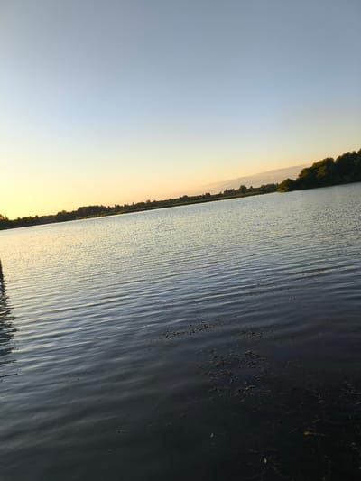A tranquil lake scene at sunset is depicted in this media file. The image focuses on the serene expanse of water, with gentle ripples disturbing its surface. The sky transitions from a pale yellow glow near the horizon, indicative of the setting sun, to a soft, clear blue overhead. Along the far bank of the lake, a line of lush green trees forms a natural border, their silhouettes softened by the fading light. In the foreground, the water appears darker, with some scattered aquatic vegetation visible just beneath the surface. The overall mood is one of peacefulness and natural beauty, suggesting a quiet evening in a rural or natural setting. The time of day is clearly sunset, and the weather appears calm and clear. There is no visible text in the image. The location context provided is Baghlan, Abkhazia.