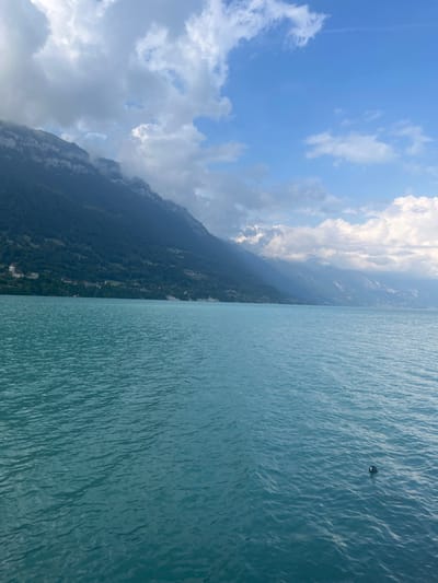 The image displays a panoramic view of Lake Brienz, observed from Bönigen, Switzerland. The lower two-thirds of the frame are occupied by the turquoise-colored lake water, exhibiting minor surface ripples. A dark, spherical object, consistent with a buoy, floats in the lower-right quadrant of the water. Along the left and central midground, a steep, heavily forested mountain range ascends directly from the lake's edge. Multiple structures, indicative of a village or settlement, are discernible on the lower slopes of these mountains adjacent to the shoreline. Further into the distance, additional mountain ranges appear progressively hazier due to atmospheric perspective. The upper third of the image features a partly cloudy sky, with patches of clear blue interspersed with white and grey cumulus clouds, some of which partially obscure the mountain peaks on the left. No individuals or explicit actions are present in the scene.