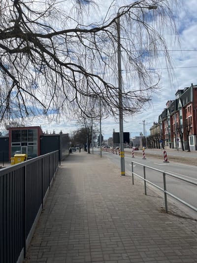 The image captures an urban scene in Liepaja, Latvia. A bare tree occupies the left foreground against a cloudy sky. A pedestrian sidewalk constructed of grey paving stones extends along the right side of the frame, bordered by a black metal fence and a building with a visible yellow container. Beyond the sidewalk, a road runs between rows of buildings, interspersed with streetlights and temporary road construction barriers. Further down the road, a few pedestrians can be discerned. Buildings exhibit a mix of architectural styles, primarily in brick and various colors. The sky is partially obscured by clouds, suggesting daylight conditions.