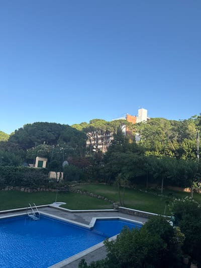The image shows a bright blue swimming pool beside a lush green lawn and a dense cluster of trees. The pool has a tiled edge and a silver ladder. The lawn is bordered by a low stone wall. In the background, several buildings are visible, including a white structure with a red-tiled roof and another building with multiple windows. The sky is a clear, vibrant blue, suggesting a sunny day. The scene appears to be a residential or recreational area, possibly a private garden or a hotel grounds. The orientation of the image is such that the sky is on the left, the pool is on the right, and the buildings and trees are in the middle. No people are visible in the image. There is no visible text.