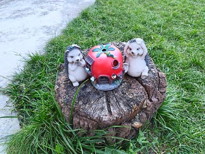 This is a medium shot, outdoor photograph taken in Devnya, Bulgaria. The subjects are two garden gnome-like figurines of hedgehogs and a small, red, tomato-shaped ornament with a tiny house integrated into its base. The hedgehogs appear to be made of resin or ceramic and are adorned with floral wreaths on their heads. The left hedgehog is positioned with its paws near its mouth, appearing shy or surprised. The right hedgehog has its arms raised and a wide, open-mouthed expression, perhaps of joy or excitement. The tomato ornament has a green leaf-like structure on top and a small caterpillar figure crawling on it. A miniature house with a door and windows is visible on the lower part of the tomato.
The scene is set on a rough, weathered tree stump. The stump is surrounded by lush green grass. To the left of the stump, a concrete or stone pathway is visible, partially covered by grass. The background consists of more green grass, suggesting a garden or park setting.
The lighting suggests it is daytime, possibly a sunny day, as there are no strong shadows indicating overcast conditions. The overall mood is whimsical and charming, with the animal figurines and the playful design of the tomato ornament. There is no visible text in the image.