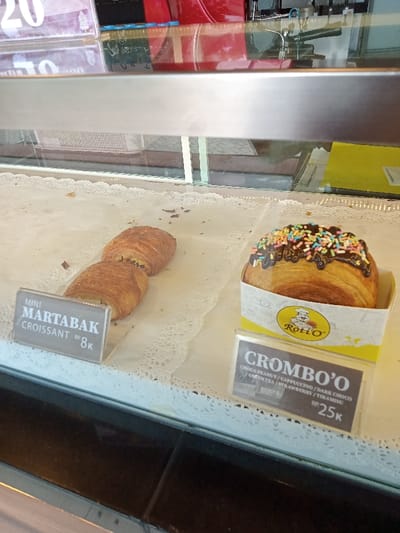 This close-up image depicts a selection of baked goods displayed inside a glass case at a bakery or food stall in Situbondo, Indonesia. The items are presented on white, lacy paper liners, suggesting a clean and appealing display.

On the left side of the display, two "Mini Martabak Croissant" pastries are visible. These are golden-brown and appear flaky, likely with a filling, consistent with a martabak-inspired croissant. A clear acrylic sign in front of them reads "MINI MARTABAK CROISSANT RP 8K," indicating a price of 8,000 Indonesian Rupiah.

To the right, a "Crombo'o" pastry is showcased in a white and yellow paper holder featuring the "Roti O" logo. This pastry is round and croissant-like, topped with a generous layer of dark chocolate drizzle and colorful sprinkles. A sign beneath it lists the pastry's name, "CROMBO'O," and several flavor options: "CHOCO PEANUT / CAPPUCCINO / DARK CHOCO / GREEN TEA / STRAWBERRY / TIRAMISU." Its price is clearly marked as "RP 25K," or 25,000 Indonesian Rupiah.

The overall scene highlights the retail presentation of these contemporary pastry items, designed to attract customers with their appearance and clear pricing. No people are visible, and the time of day or weather cannot be determined from the image.