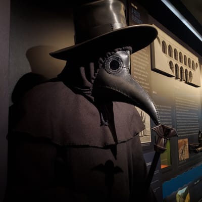 The image shows a plague doctor costume, including a wide-brimmed hat and a bird-like mask with long beak, displayed on a surface with printed text in Portuguese. The text describes the bubonic plague, mentioning the use of masks filled with herbs by doctors to ward off contagion. Additional text details historical hygiene practices, including the use of paper for hygiene in China and bathing practices in ancient Rome. A section mentions the construction of aqueducts in Rome, specifically the Aqua Appia. A winged scepter lies on the table behind the mask. The lighting is dramatic, casting deep shadows that obscure some details. The location appears to be the Museu Egípcio e Rosacruz in Curitiba, Brazil, based on the context of the exhibit on historical practices.