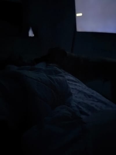 The image captures a dimly lit indoor scene, dominated by darkness with a single significant light source. In the upper left quadrant, a bright, rectangular screen emits light, suggesting a television, computer monitor, or projector. A distinct, vertical, glowing white line is visible on this screen, resembling a cursor or a minimal graphic element.
The foreground and much of the right side of the image are filled with a large, dark, textured object, which appears to be a crumpled blanket, duvet, or folded fabric, possibly on a bed or sofa. The folds and undulations of the fabric are discernible despite the low light.
The rest of the environment is shrouded in deep shadow, making it difficult to identify specific objects or furniture. A very faint, small, light-colored blur can be seen below the screen on the left, but its nature is unclear.
No individuals are visible in the frame, and there is no discernible text. The overall atmosphere suggests a nighttime or very low-light setting, likely indoors, where someone might be relaxing or watching something on a screen, possibly from a comfortable position under a blanket.
